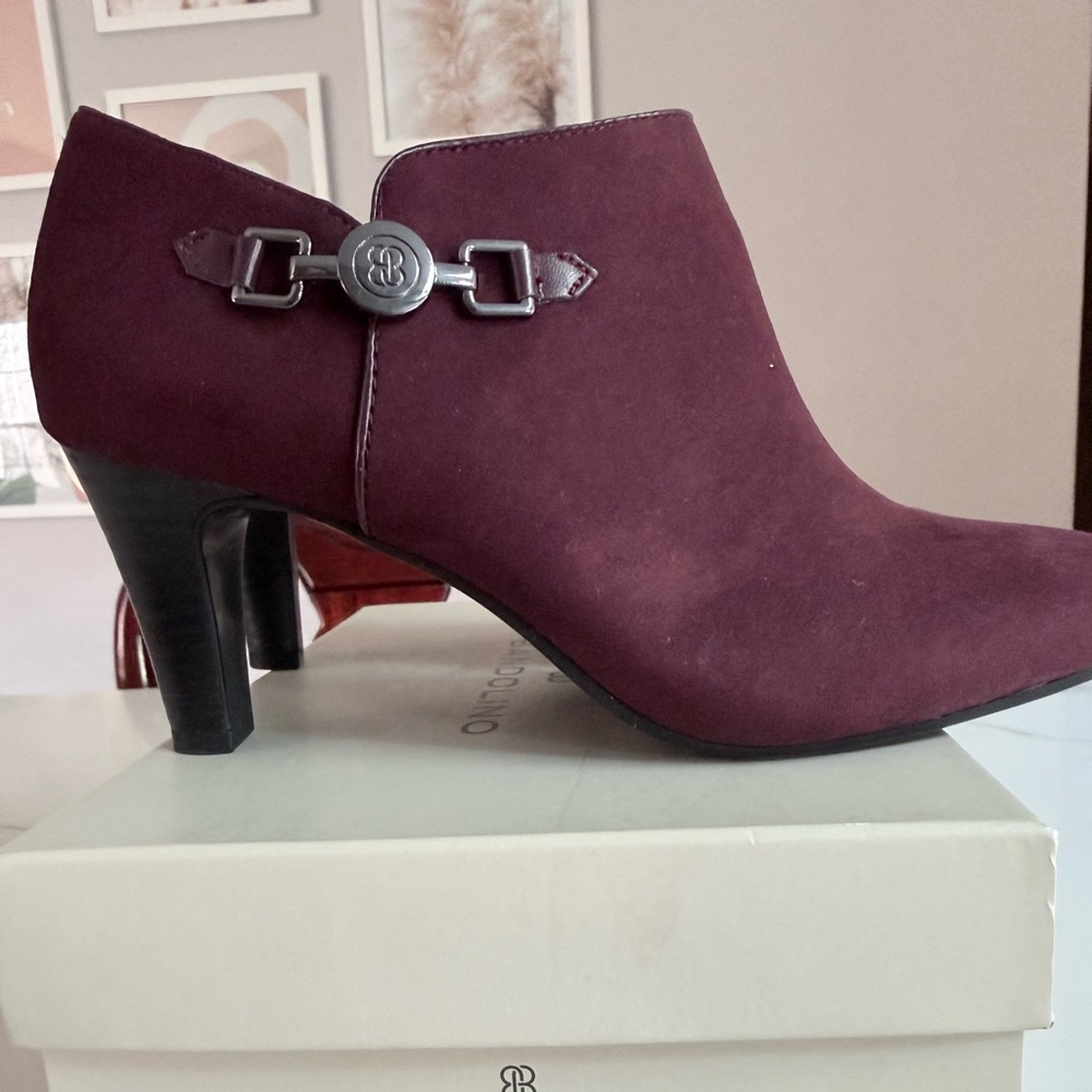 Bandolino Burgundy Suede Ankle Bootie with Silver-Tone Accent